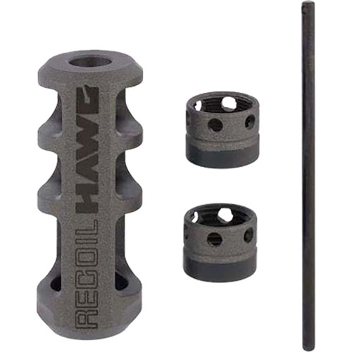 Browning Sporter Recoil Hawg Tungsten, gun recoil reduction components including a gray tungsten recoil reducer, two black recoil pads, and a long metal rod for firearm modifications.