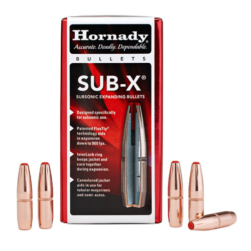 Hornady Sub-x Bullets 35 Cal. .357 250 Gr. Sub-x (350 Legend) box with four bullets shown in front.