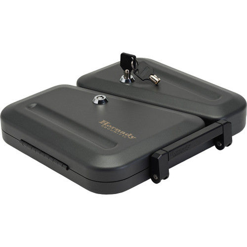 Hornady Dual-lid Lock Box With Key Lock, gray security lock box with dual lids and key lock mechanism for secure storage.