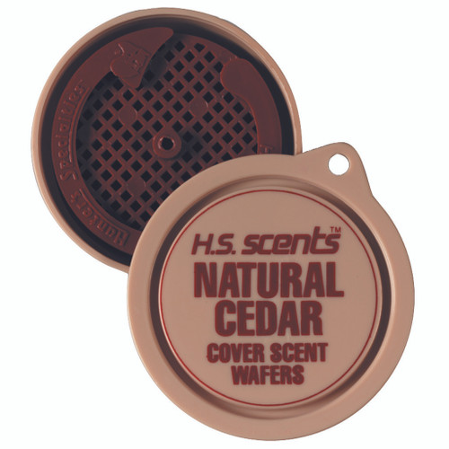 Hunters Specialties Scent Wafer Cedar Scent 3 Pk, round cover scent wafers container with cedar scent label and inner scent wafers inside.