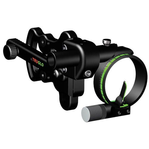 Truglo Pendulum Sight Black 1 Pin, black archery sight with a green illuminated pin and adjustment dial.