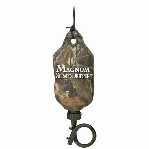 Wildlife Research Magnum Scrape Dripper, camouflage water dispensing device with hanging strap and cap for hunting and wildlife observation.