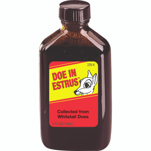 Wildlife Research Doe-in-estrus 4 Oz. bottle, collected from whitetail does, in brown container with a colorful label featuring a doe illustration.