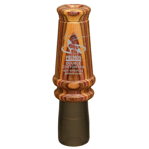 Primos Double Cottontail Predator Call, wooden call with detailed engraved logos and contact information.