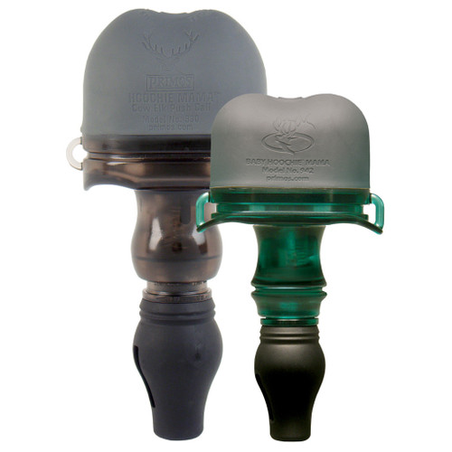 Primos Hoochie Pack Elk Call, image of two elk call turkey-style mouth and hand-held devices for hunting
