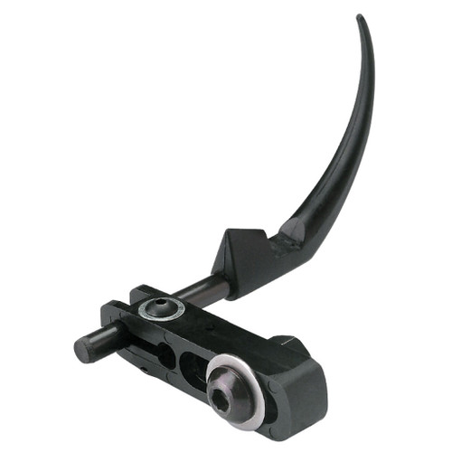 Muzzy Fish Hook Bowfishing Rest, black bowfishing rest with a curved hook and adjustable mounting mechanism.