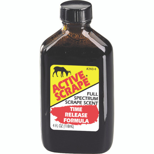 Wildlife Research Active Scrape Time Release 4 Oz., a dark amber bottle with a black screw cap and a yellow, red, and white label featuring a bear silhouette and text about the full spectrum scrape scent and time release formula.