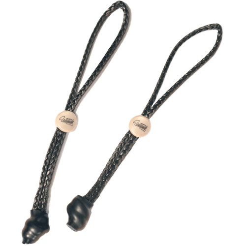 Latitude Outdoors Latitude Saddle Cinchers 2 Pack, two black braided cord cinchers with cream Latitude logo sliders and black end stops displayed on a white background.