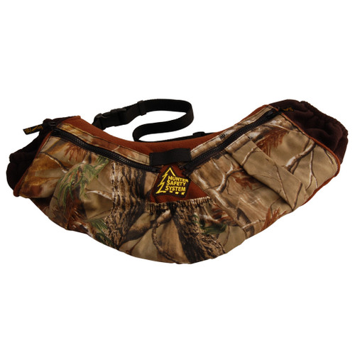 Hunter Safety Systems Muff-pak Hand Warmer, camouflage fabric hand warmer with black adjustable strap and zipper pocket.