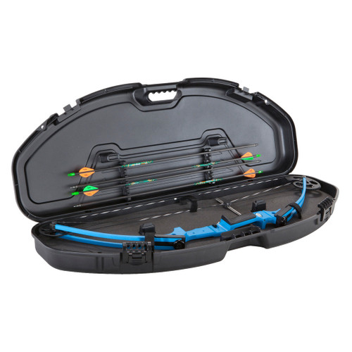 Plano Ultra Compact Bow Case Black, open bow case with bows and arrows inside, designed for secure storage and transport of archery equipment.