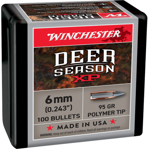 Winchester Deer Season Bullet 6mm 95 Gr. XP 100 Bx, close-up of the box with product details and logo.