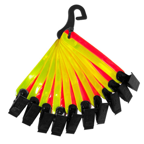 Hunter Safety System Hss Night-day Trail Markers, reflective trail markers with multiple yellow and red markers attached to a black clip for outdoor safety and visibility.