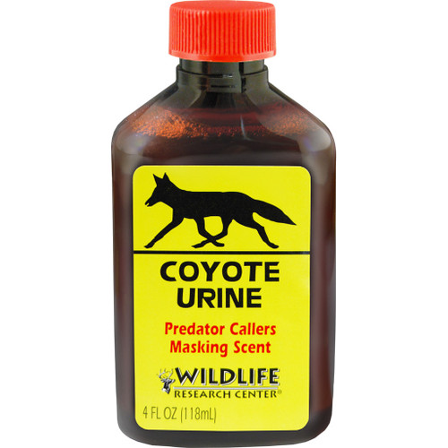 Wildlife Research Coyote Urine 4 Oz, bottle of predator call masking scent with yellow label and red cap.