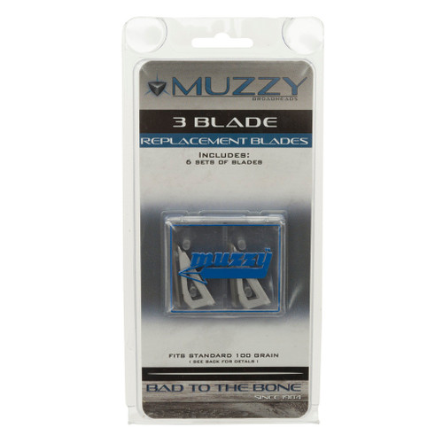Muzzy Replacement Blades 3 Blade 100 Gr. 18 Pk, product packaging with three replacement blades inside a clear plastic case