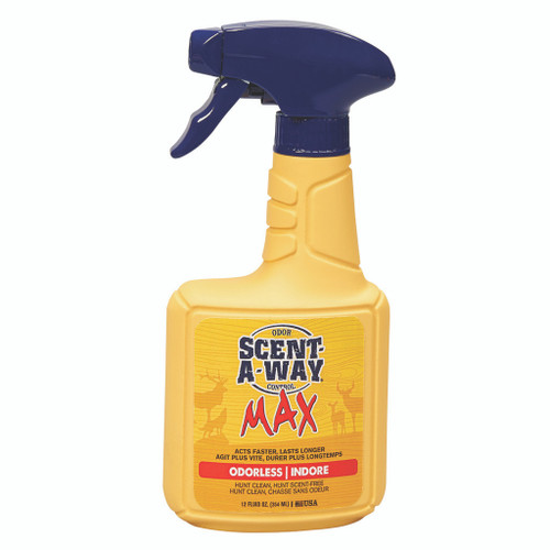 Scent-a-way Max Spray 12 Oz, yellow spray bottle with blue nozzle and trigger for odor control and elimination.
