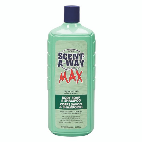 Scent-a-way Max Liquid Soap 32 Oz, mint green body soap and shampoo bottle with blue cap displaying label