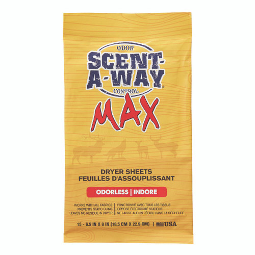 Scent-a-way Max Dryer Sheets 15 Pk, yellow package with blue, red, and black text, contains odor control and odorless features, tabbed as odorless and non-drying, suitable for all fabrics.
