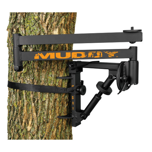 Muddy Outdoors Muddy Outfitter Camera Arm, black adjustable camera mounting arm attached to a tree trunk for outdoor wildlife photography.