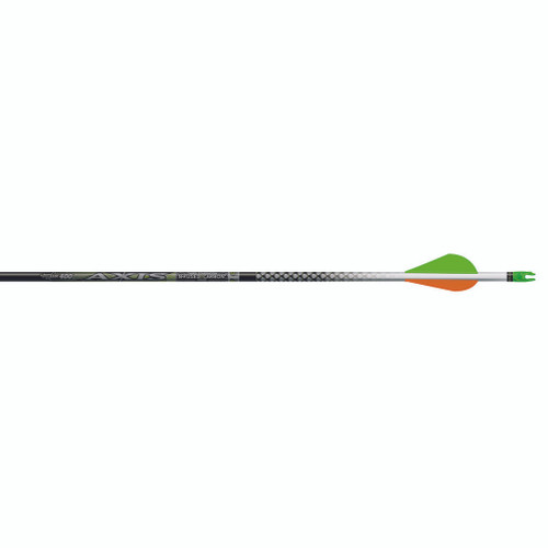 Easton 5mm Axis Arrows 400 Blazer Vanes 6 Pack, archery arrow with green and orange vanes and a carbon shaft.