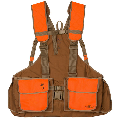 Browning Bird'n Lite Strap Vest 2.0 Medium-large, hunting vest with brown and orange color, multiple pockets, adjustable straps, and reflective details for visibility.