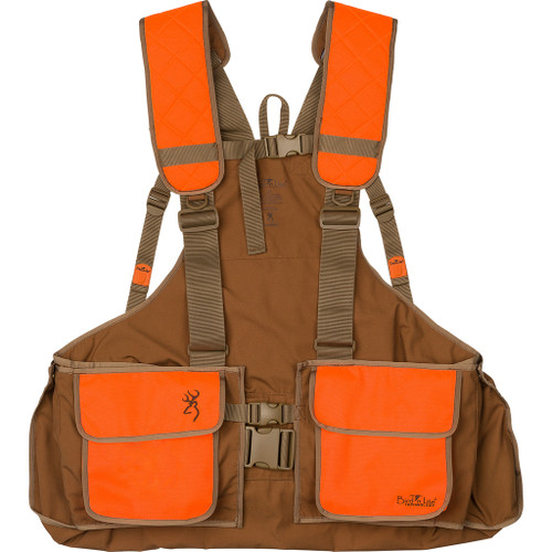 Browning Bird'n Lite Strap Vest 2.0 Extra Large - Xx Large, hunting vest with orange and brown design, multiple storage pockets, adjustable straps, and lightweight construction for bird hunting.