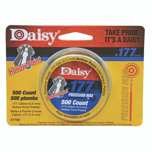 Daisy .177 Cal. Hollow Point 500 Ct. Tin, lead airgun pellets in a plastic container with a red and yellow label.
