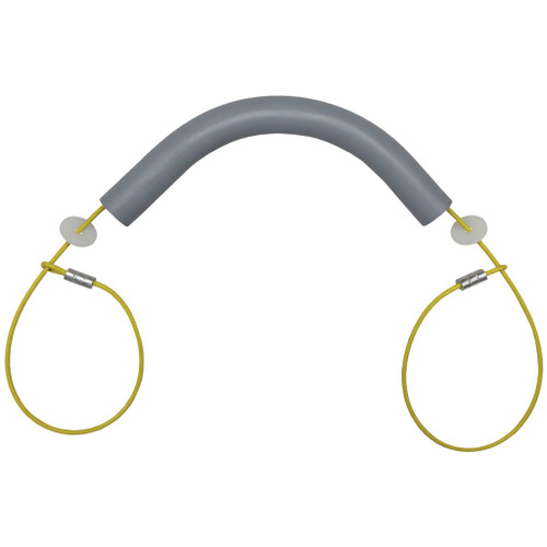 Hawk Treestands Hawk Cinch Deer Drag, a grey curved handle with yellow adjustable cords for easy and safe deer dragging during hunting.