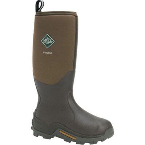 Muck Boots Muck Wetland Boot Tan 10, waterproof rubber and neoprene hunting boot with rubber sole and pull-on handle.