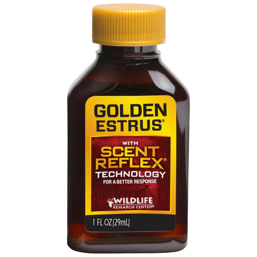 Wildlife Research Golden Estrus W/Scent Reflex Technology 1 Oz., bottle of wildlife estrus scent with yellow cap and label, used for hunting and animal response.