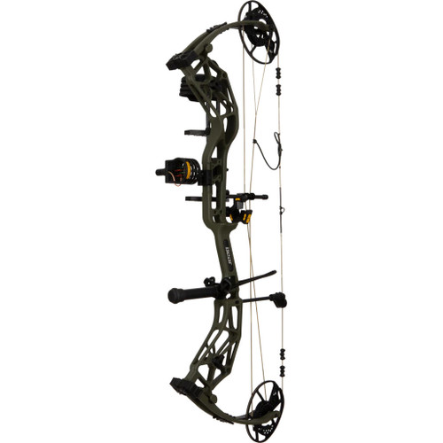 Bear Alaskan Xt Rth Package Olive 70 Lbs. Rh, a compound bow with a modern design and olive green color, featuring a string, pulleys, and accessories for hunting or archery sports.