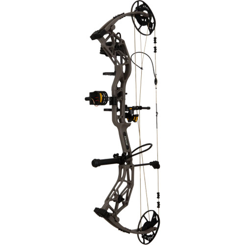 Bear Alaskan Xt Rth Package Stone 70 Lbs. Rh, modern compound bow with a gray frame and black components, used for archery hunting.