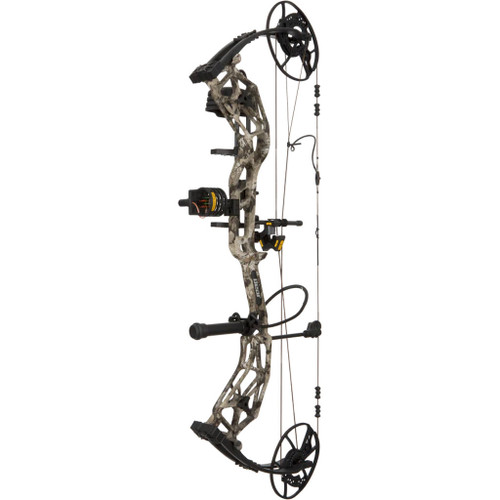 Bear Paradigm Rth Package Whitetail/Black 70 Lbs. Rh, compound bow with camo design, arrows, and accessories for hunting.