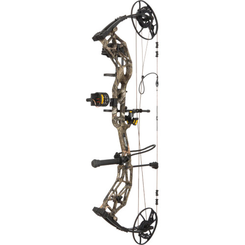 Bear Paradigm Rth Package Dna/black 60 Lbs. Rh, camouflage compound bow with a sleek design, adjustable draw length, and high-tech string and pulley system for archery hunting.