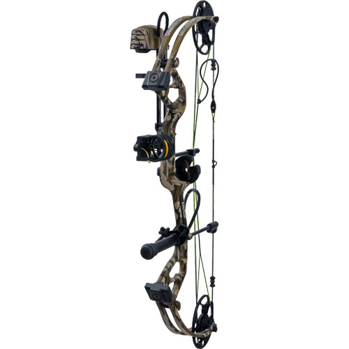 Bear Royale Gamekeeper Jr. Rth Package Mossy Oak Bottomland, a composite hunting bow with camouflage design, adjustable sights, stabilizer, and arrow rest for hunting or archery sports.