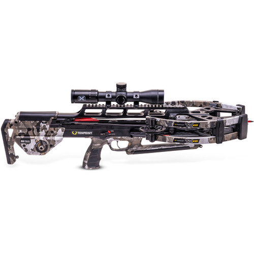 Tenpoint TX440 Crossbow Package Acuslide Maxx Vektra Camo, high-performance crossbow with camouflage design, scope attached, and innovative cocking and safety features.