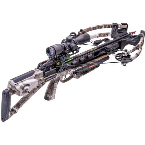 Tenpoint Venom X Crossbow Package Acuslide Vektra Camo, camouflage pattern crossbow with scope and tactical features.