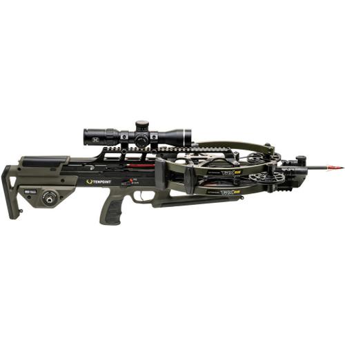 Tenpoint Trx 26 Crossbow Package Acuslide Maxx Rangemaster 100 Scope Moss Green, crossbow with scope and accessories.