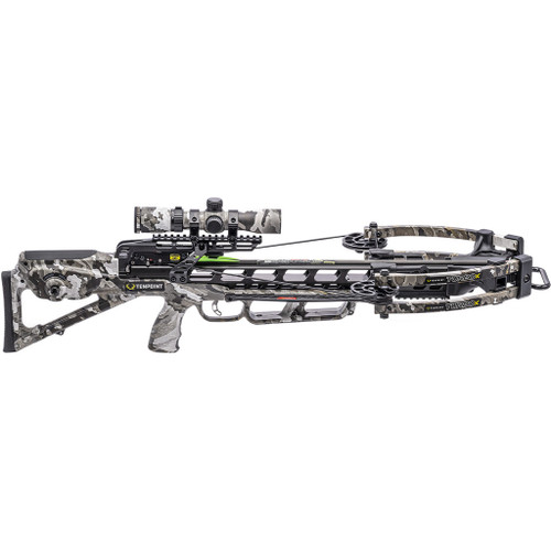 Tenpoint Turbo X Crossbow Package Acuslide Rangemaster 100 Scope Vektra, image of a camouflage-patterned crossbow with scope mounted on top.