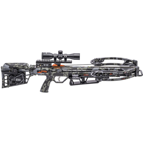 Wicked Ridge Invader M1 De-cock Crossbow Package Acudraw Pro View 400 Scope Peak Camo, crossbow with camouflage pattern, scope mounted on top, modern design with adjustable stock and camo finish.