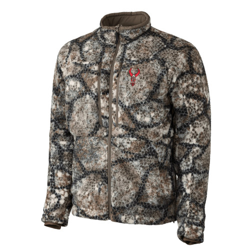 Badlands Silens Jacket Approach Fx Medium, camouflage patterned soft fleece jacket with a stand-up collar and zipper closure.