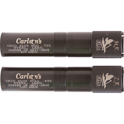 Carlsons Delta Waterfowl Choke Benelli Crio/ Crio Plus Mr, Lr 12ga, two black shotgun choke tubes with white text and logo for waterfowl hunting.