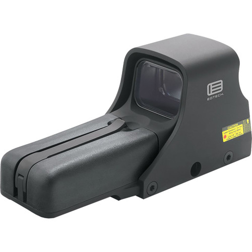 Eotech 552 Holographic Red Dot Sight Black 68moa Ring With 1moa Dot Aa Battery, black holographic sight shown at an angle against a white background with its viewing window and EOTech logo visible.