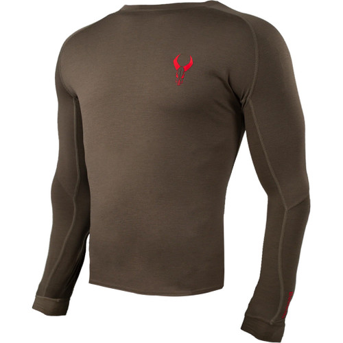 Badlands Pecora Lightweight Merino Crew Mud Small, brown long-sleeve shirt with red logo on chest and detail stitching.
