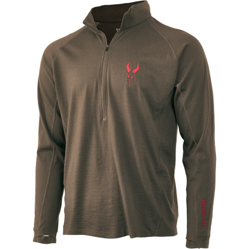 Badlands Pecora Midweight Merino 1/4 Zip Mud Medium, men's outdoor quarter zip fleece shown in medium mud color with logo on chest and logo text on sleeve.