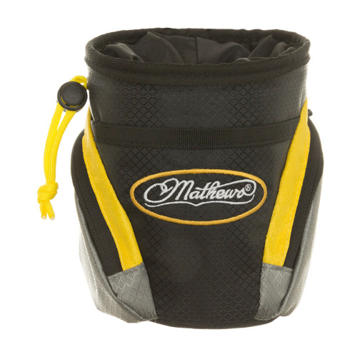 Elevation Core Release Pouch Mathews Edition, compact black and yellow accessory with the Mathews logo, designed for archery equipment storage.