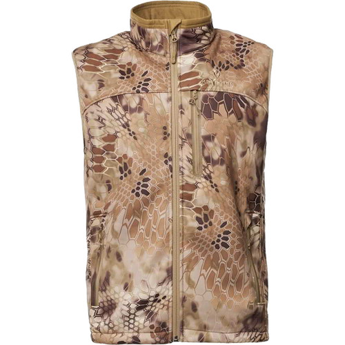 Kryptek Cadog Vest Highlander Medium, camouflage hunting vest with high collar, full front zipper, and multiple zippered pockets.