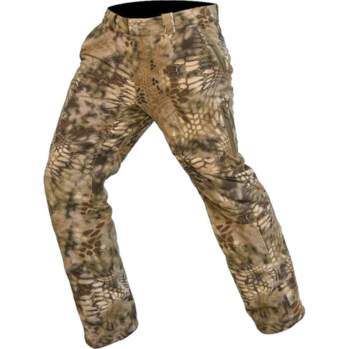 Kryptek Vellus Pant Highlander Medium, tactical camouflage pants with snake skin pattern and multiple zippered pockets.