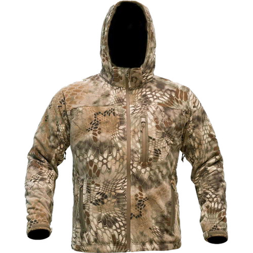 Kryptek Vellus Jacket Highlander Medium, camouflage outdoor hunting jacket with hood, multiple zippered pockets, and rugged fabric for outdoor activities.