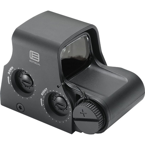 Eotech XPS2-2 Holographic Red Dot Sight Black 68 MOA Ring With Two 1 MOA Dots CR123 Battery, close-up product image of a black EOTECH holographic sight showing its viewing window, adjustment dials, and battery compartment.
