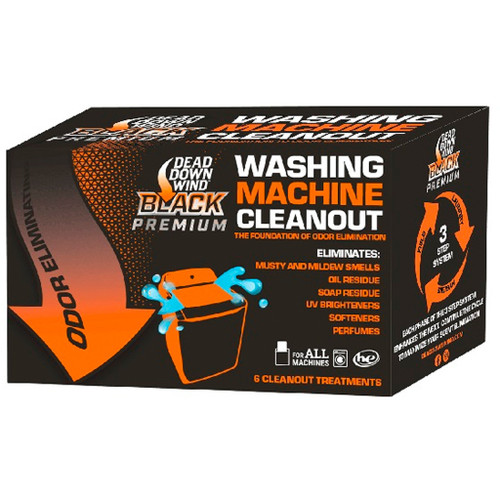 Dead Down Wind Black Premium Washing Machine Cleanout 6 Pack, product packaging with orange and black design, illustration of a washing machine, and description of odor elimination for all machines.